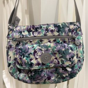 Kipling shoulder bag, green and purple floral print